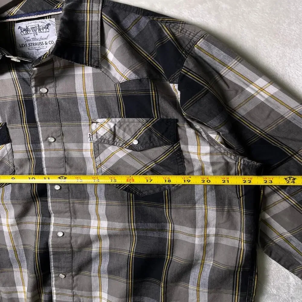 VTG Y2K Levi's Western Pearl Snap Up Shirt Men's L Black Yellow White Tab Cowboy